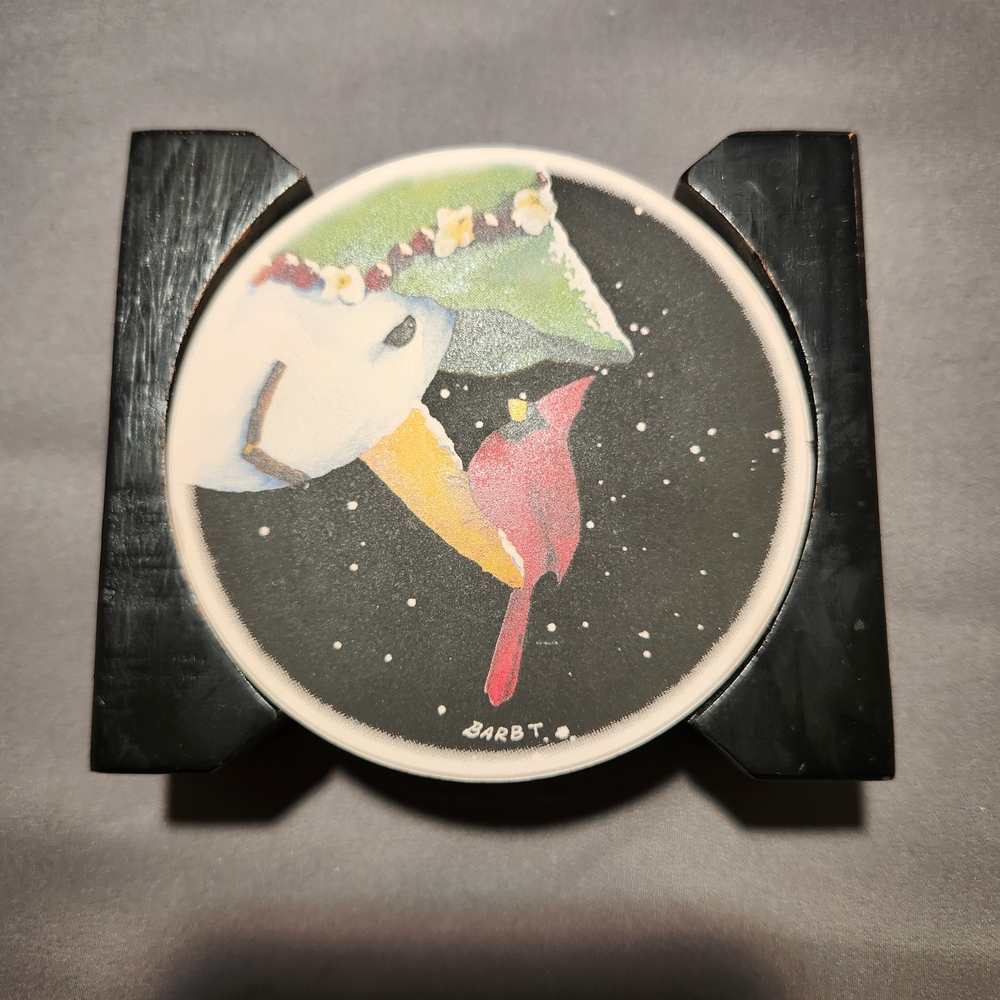 Barb Tourtillotte Snowman Cardinal Sandstone Coaster Set with Black Holder